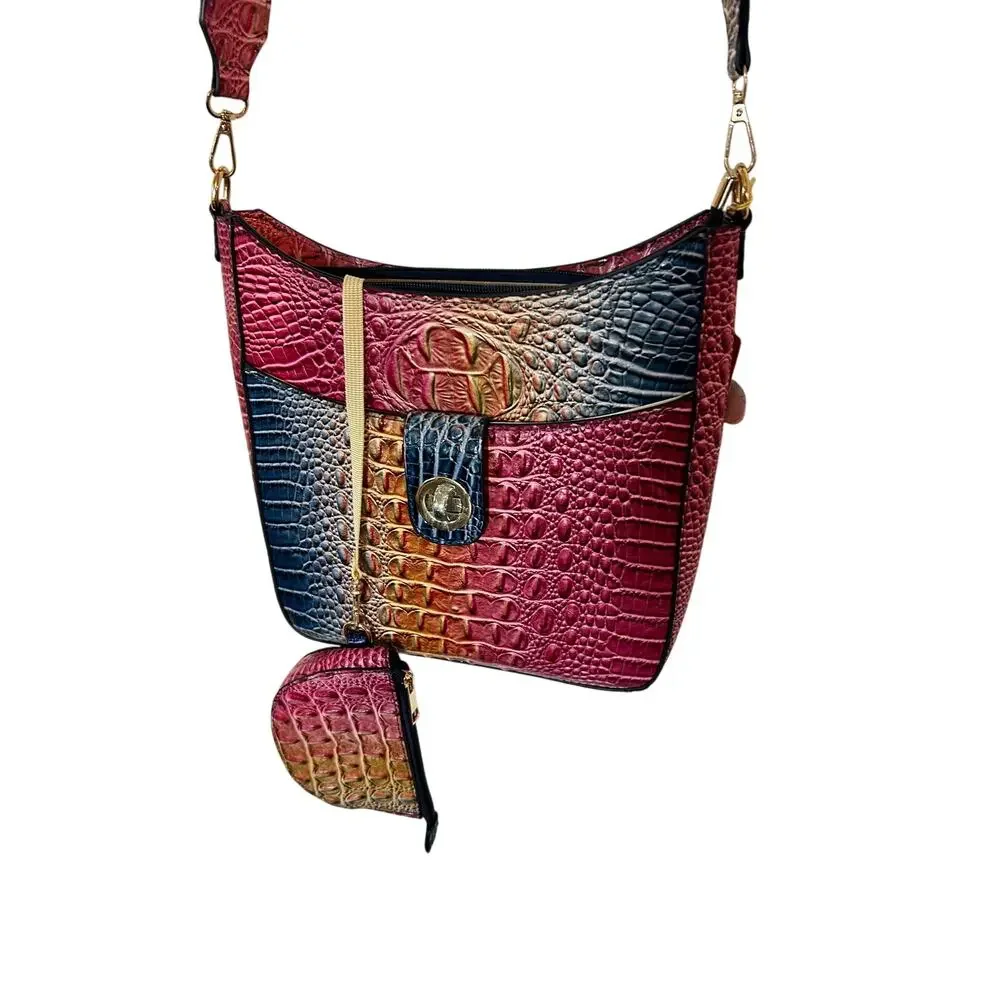 Gradient Rainbow Faux Crocodile Crossbody Bag & Coin Purse Set Ombre Vegan EUC